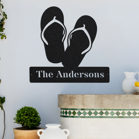 Personalized Flip Flops Metal Beach Wall Sign - Coastal Beach Themed Sandals Custom Last Name Metal Wall Art Home Decor - LED Light