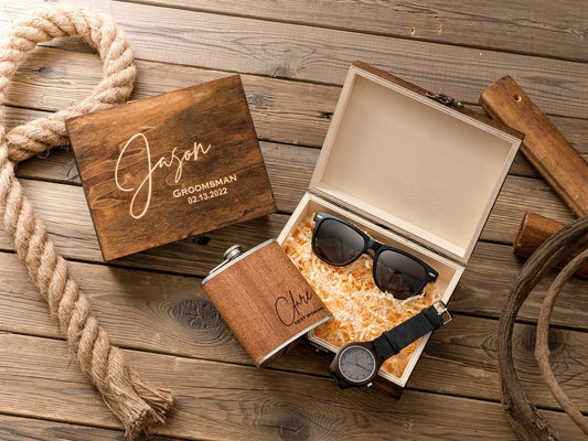 Groomsmen Gifts Set, Personalized Watch & Sunglasses in Custom Wooden Gift Box, Groomsmen Proposal Gift, Groomsmen Flask, Best Man Gifts