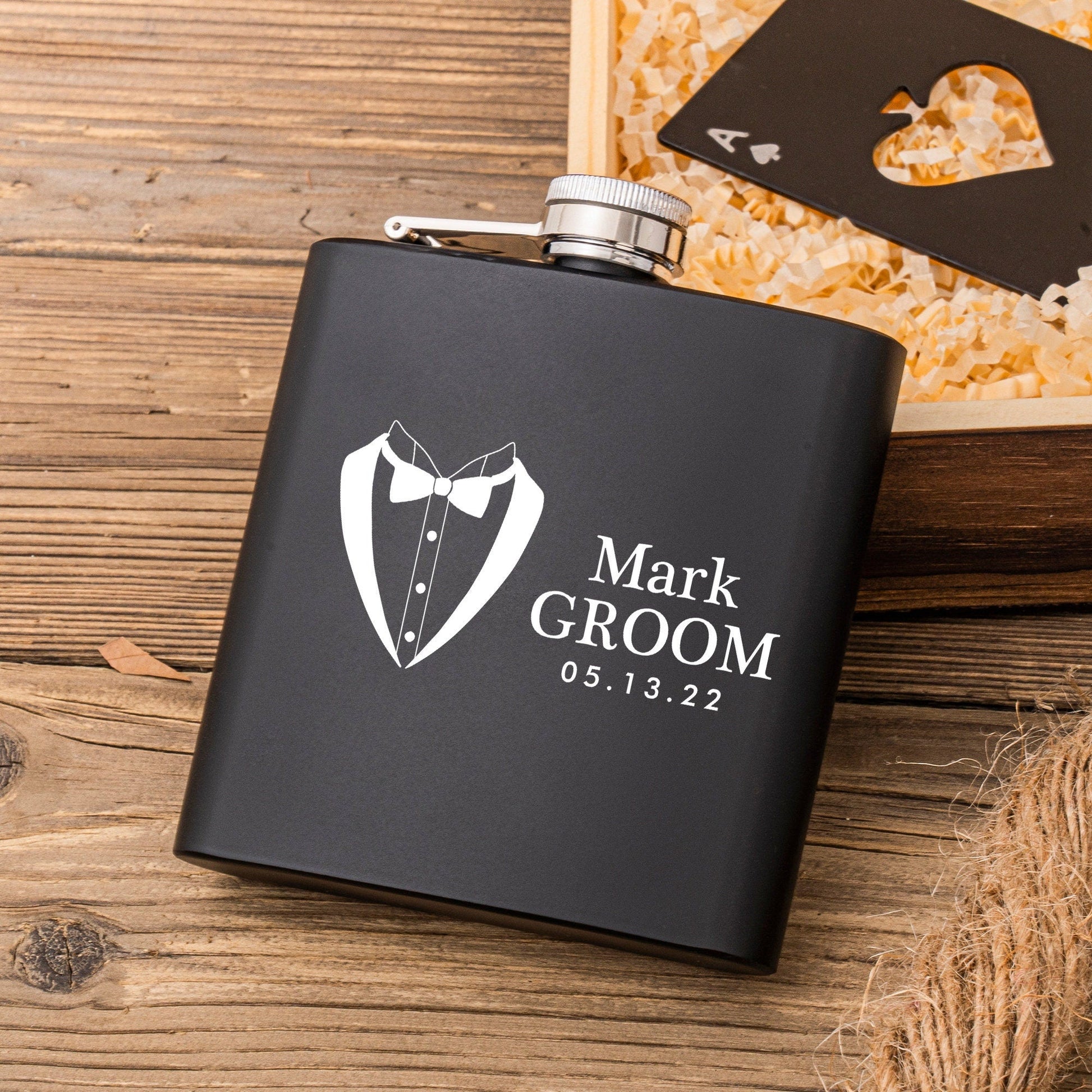 Personalized Groomsmen Gifts Set, Groomsmen Wood Sunglasses, Engraved Bottle Opener & Flask in Groomsman Gift Box, Best Man Gift, Groom Gift