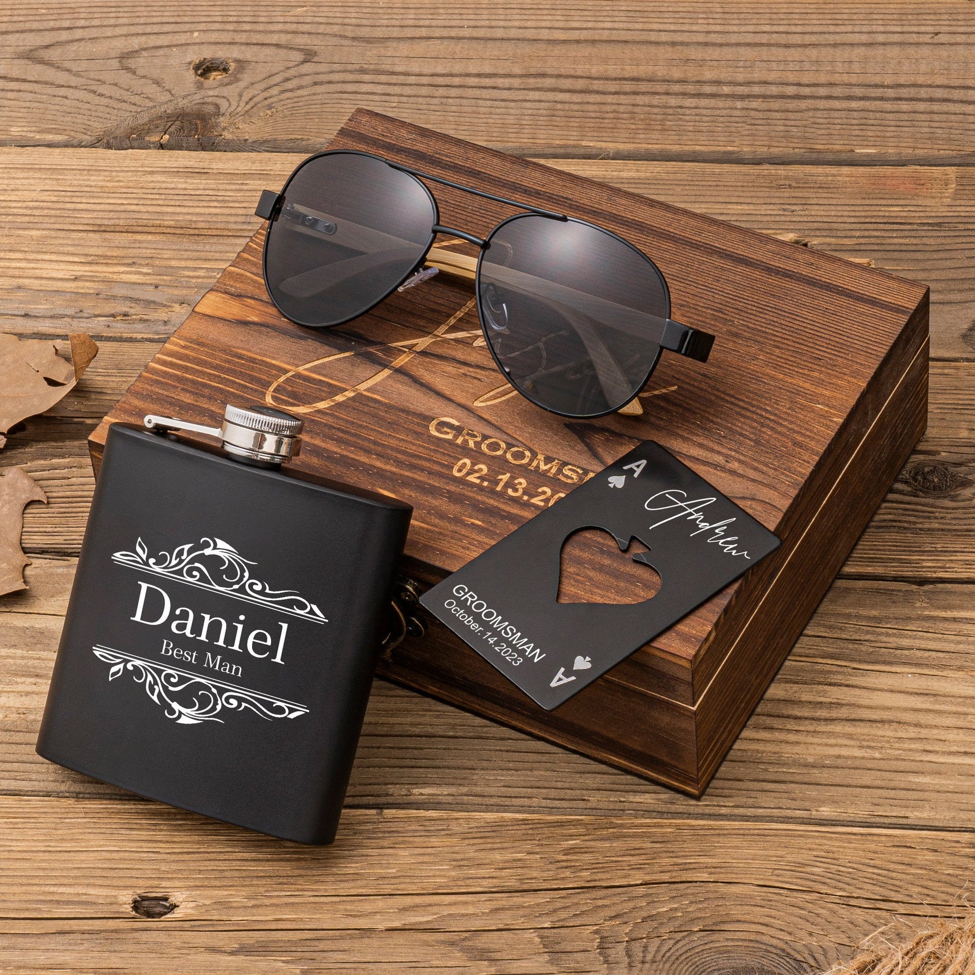 Personalized Groomsmen Gifts Set, Groomsmen Wood Sunglasses, Engraved Bottle Opener & Flask in Groomsman Gift Box, Best Man Gift, Groom Gift