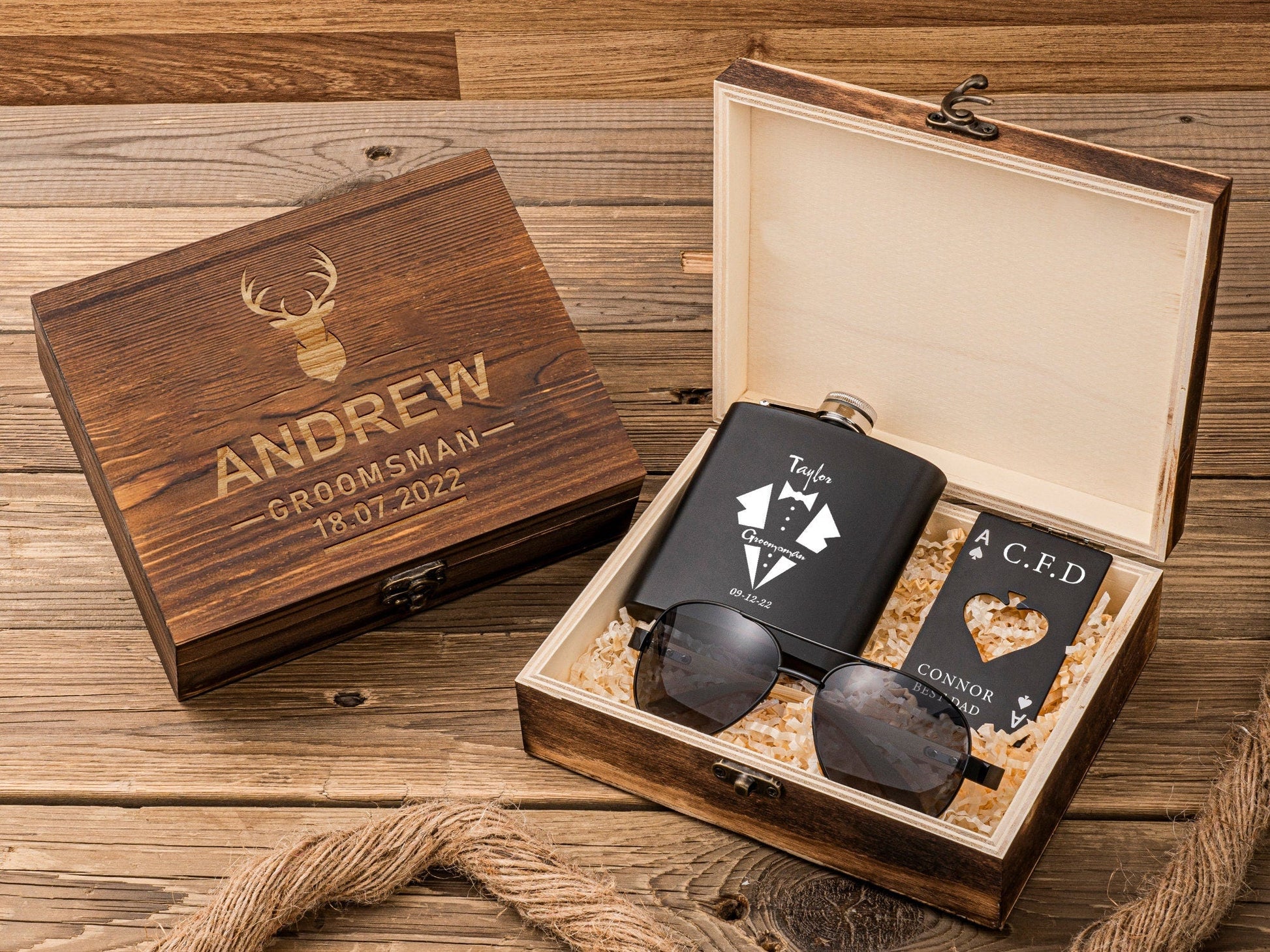 Personalized Groomsmen Gifts Set, Groomsmen Wood Sunglasses, Engraved Bottle Opener & Flask in Groomsman Gift Box, Best Man Gift, Groom Gift